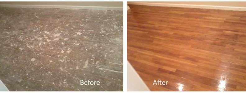 before and after hardwood floor refinished hallway